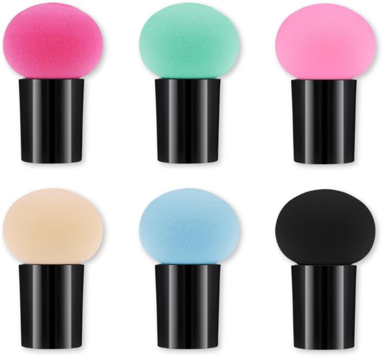Kit com 6 esponjas de maquiagem tipo cogumelo com cabo para base, corretivo e pó – uso seco e molhado, acabamento natural e uniforme