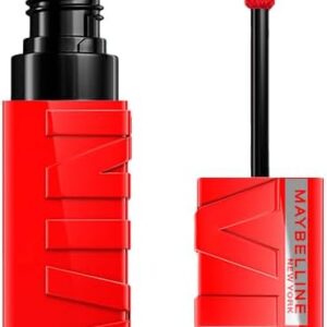 Maybelline NY SuperStay Vinyl Ink Batom Líquido, Longa Duração, Acabamento Vinil Espelhado e Efeito Gloss, Brilho Instantâneo, Conforto para os Lábios, Fórmula Vegana, Cor Red-Hot 4,2ml