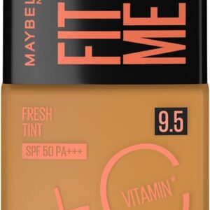 Maybelline NY Fit Me Fresh Tint Base Líquida, Proporciona Efeito Glow Natural, Controla a Oleosidade e Uniformiza a Pele com Vitamina C e FPS 50, Cor 9.5, 30ml