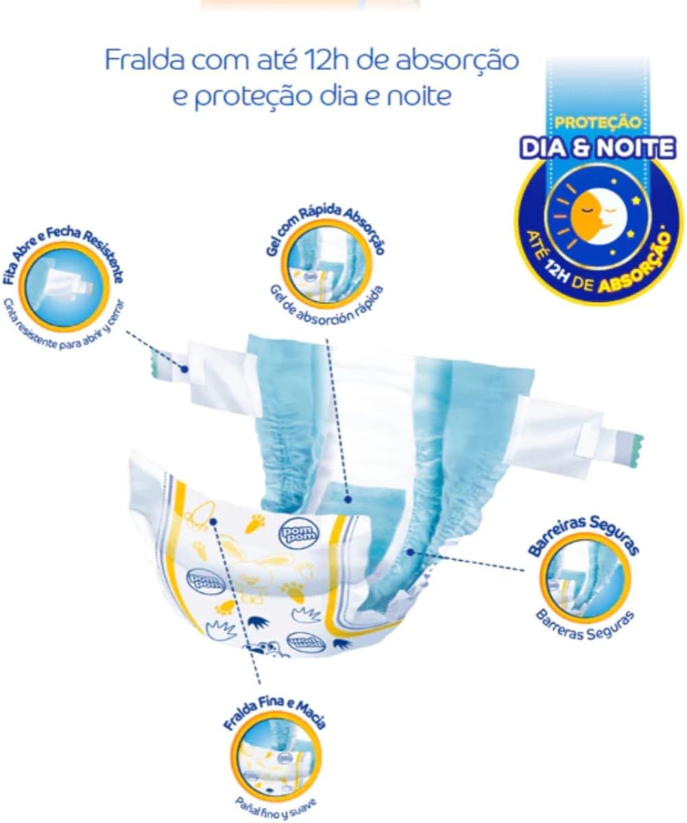 Kit 02 Pacotes Fraldas Descartáveis PomPom P M G XG + 140 Lenços Toalhas Umedecidos para Bebê UPA (Médio) - Imagem 3