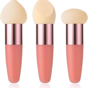 Kit 3 Esponjas de Maquiagem com Cabo – Aplicação Perfeita, Acabamento Uniforme e Alta Precisão para Base, Corretivo, Contorno e Pó