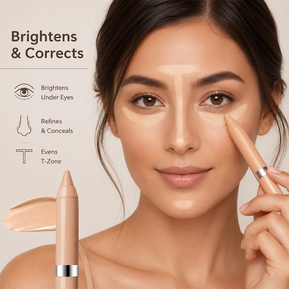 Lápis de cera corretivo, caneta corretiva de sombra clara para olheiras, manchas, marcas de acne, manchas e destaque de sobrancelhas, bastão cremoso para corretivo facial para mulheres - Imagem 4