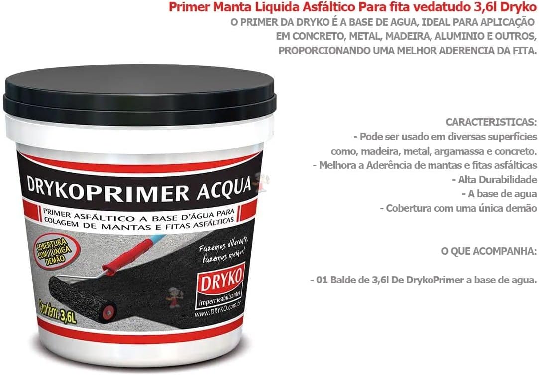 Primer Acqua Dryko Asfáltico Base D'Água para Manta Asfáltica - Galão 3,600 litros - Imagem 6