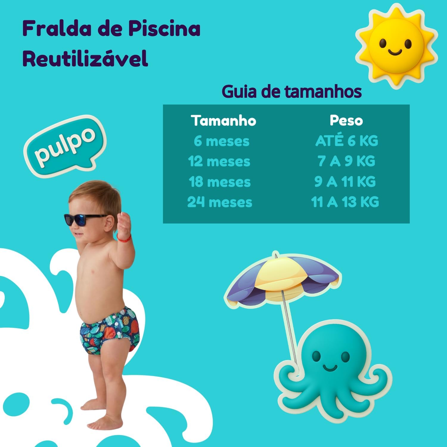 Pulpo Fralda de Piscina Reutilizável UV50+, 6 a 24 Meses, Estampada (Listrado Rosa, Até 6 meses) - Imagem 2