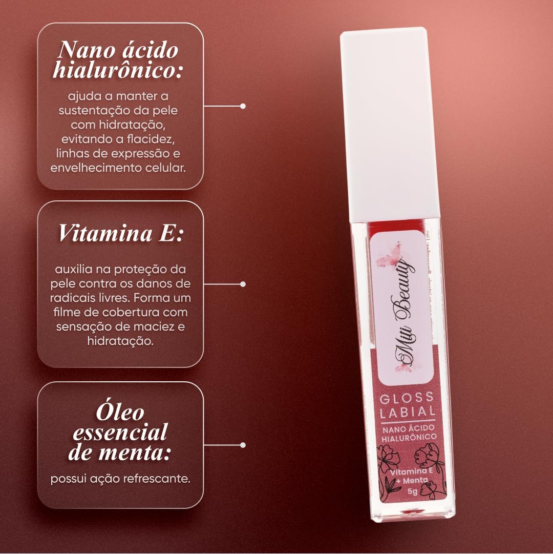 Gloss Labial 5g Com Nano Ácido Hialurônico, Vitamina e Menta Refrescante - Hidratação, Nutrição, Brilho Labial Suave, Vegano, Livre de Parabenos, Cruelty-Free, Textura Confortável, Nanotecnologia - Miti Beauty - Imagem 2
