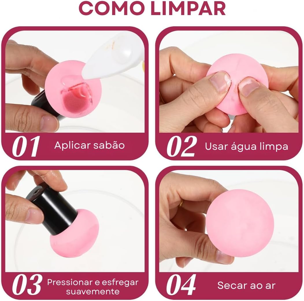 Kit com 6 esponjas de maquiagem tipo cogumelo com cabo para base, corretivo e pó – uso seco e molhado, acabamento natural e uniforme - Imagem 5