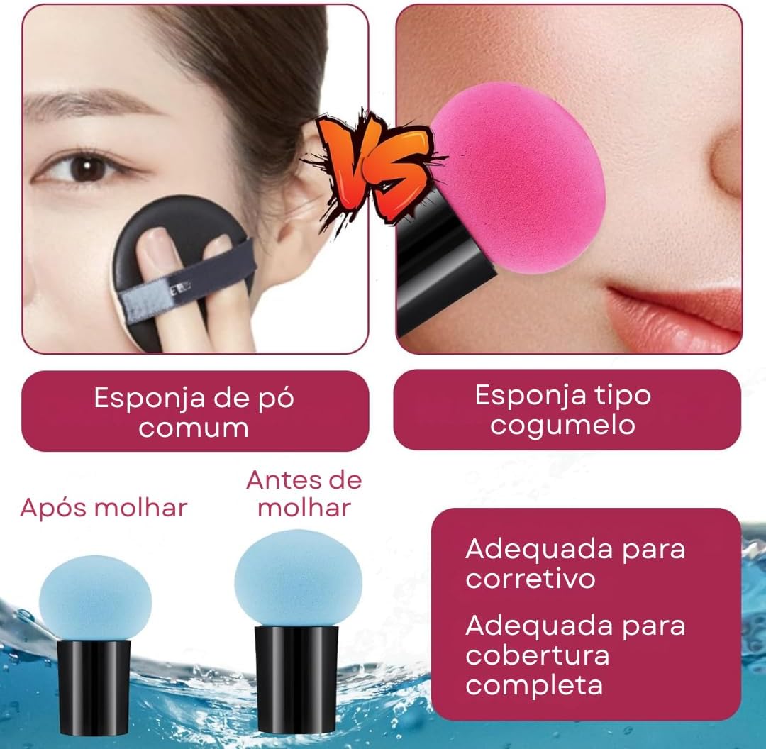 Kit com 6 esponjas de maquiagem tipo cogumelo com cabo para base, corretivo e pó – uso seco e molhado, acabamento natural e uniforme - Imagem 8