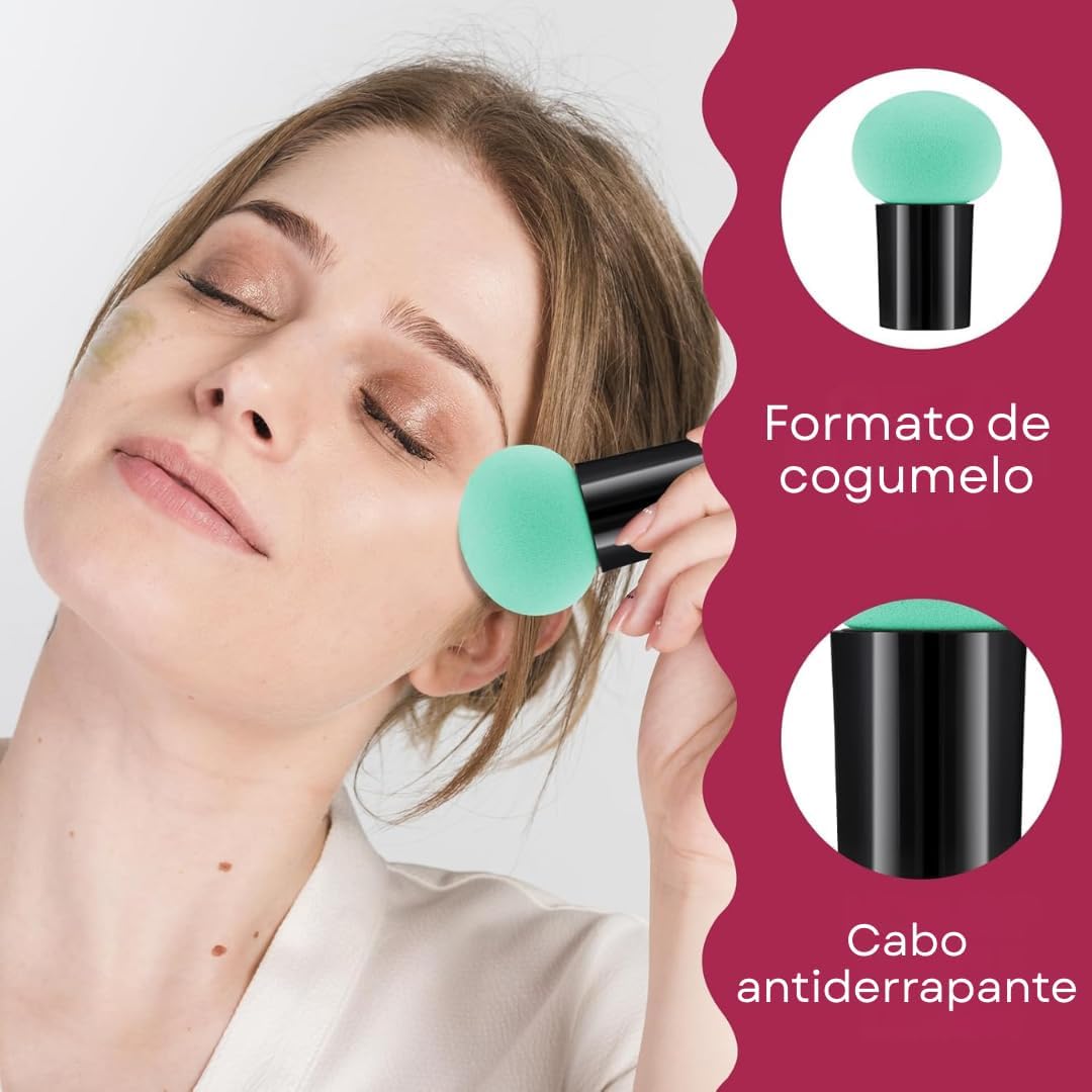 Kit com 6 esponjas de maquiagem tipo cogumelo com cabo para base, corretivo e pó – uso seco e molhado, acabamento natural e uniforme - Imagem 3