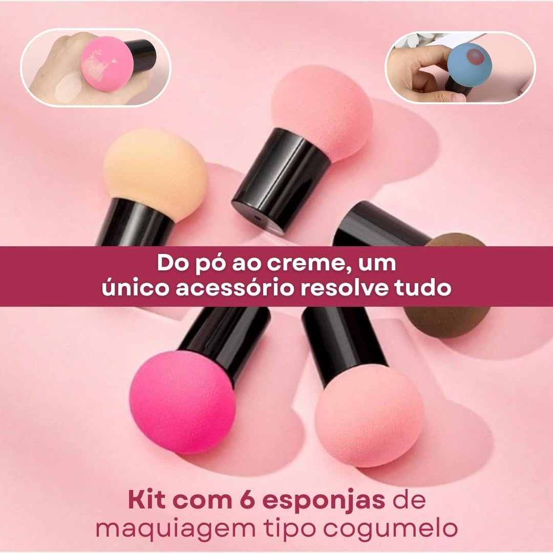 Kit com 6 esponjas de maquiagem tipo cogumelo com cabo para base, corretivo e pó – uso seco e molhado, acabamento natural e uniforme - Imagem 2