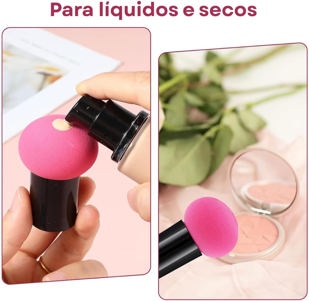 Kit com 6 esponjas de maquiagem tipo cogumelo com cabo para base, corretivo e pó – uso seco e molhado, acabamento natural e uniforme - Imagem 7