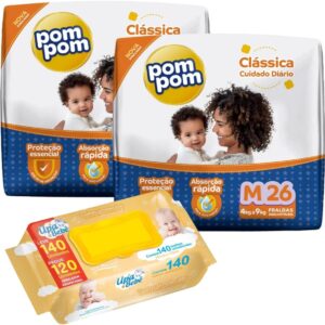 Kit 02 Pacotes Fraldas Descartáveis PomPom P M G XG + 140 Lenços Toalhas Umedecidos para Bebê UPA (Médio)