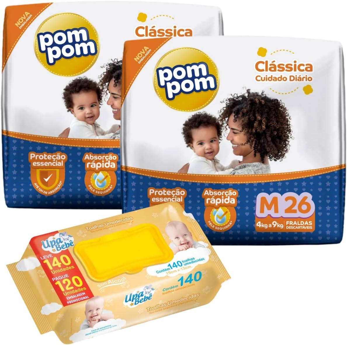 Kit 02 Pacotes Fraldas Descartáveis PomPom P M G XG + 140 Lenços Toalhas Umedecidos para Bebê UPA (Médio)
