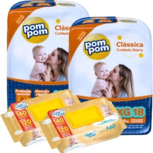 Kit 02 Pacotes Fraldas Descartáveis PomPom P M G XG + 280un Lenços Toalhas Umedecidos para Bebê UPA (X-Grande)