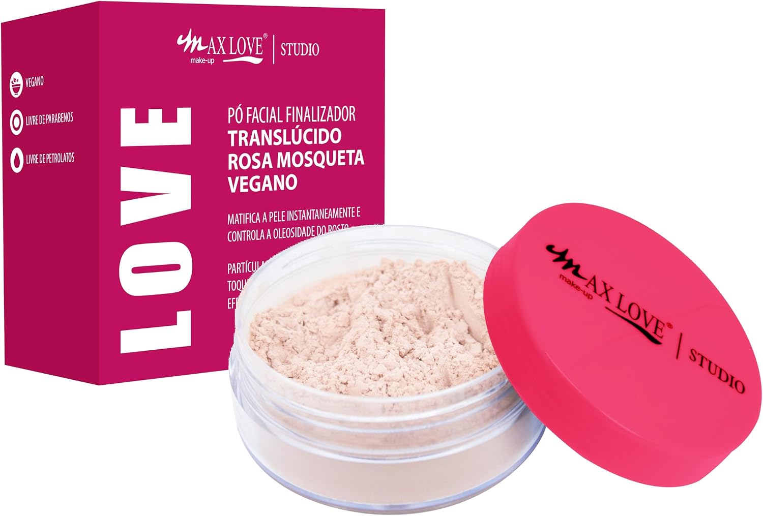 Pó Facial Rosa Mosqueta Max Love - Ultrafino, Sela Perfeitamente, Controle de Oleosidade, Efeito Natural, Maquiagem - Cosméticos