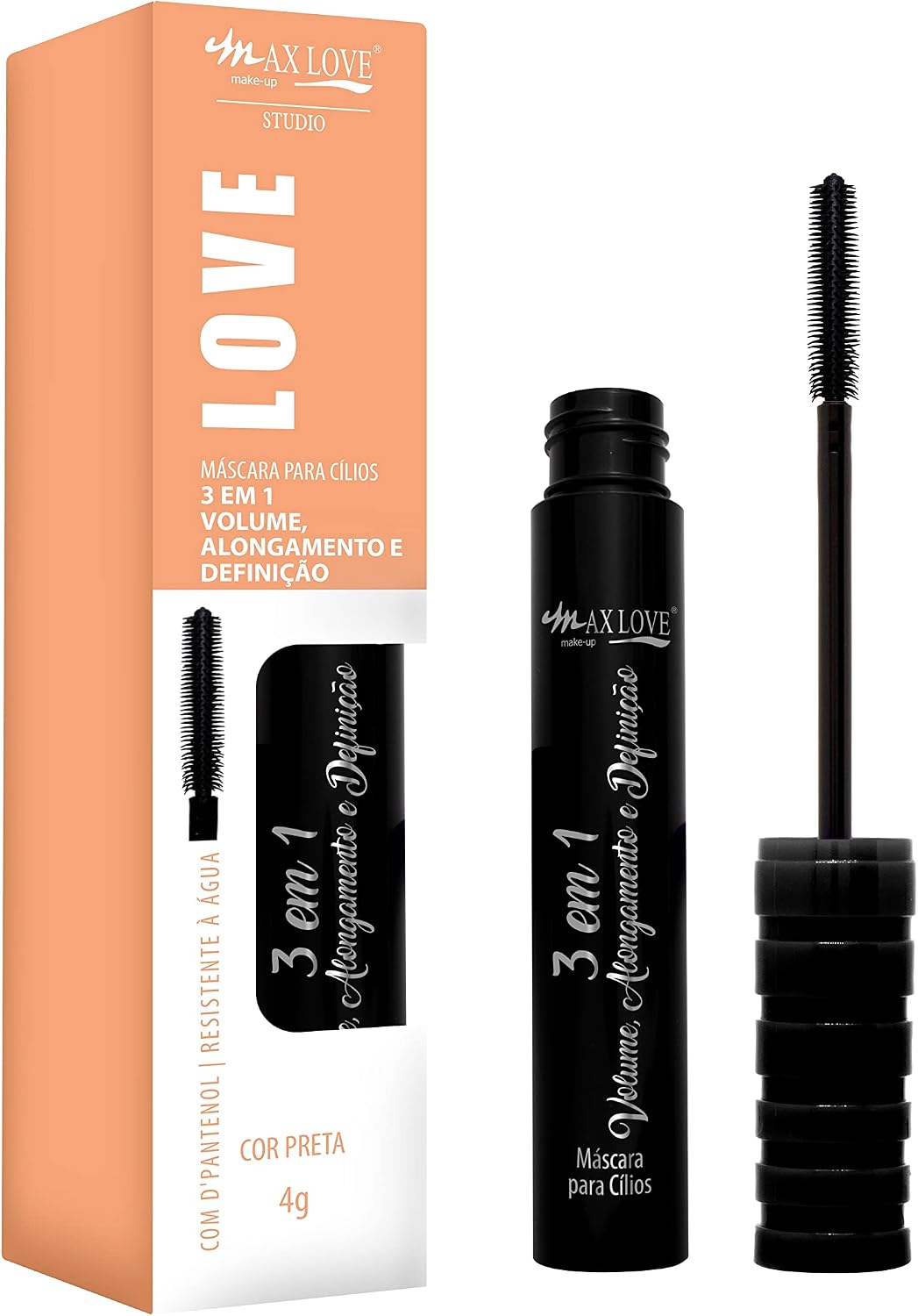 Máscara de Cílios Max Love - Volume, Alongamento e Definição - Longa Duração, Pigmento Preto Intenso - Fácil Remoção - Modelo 104
