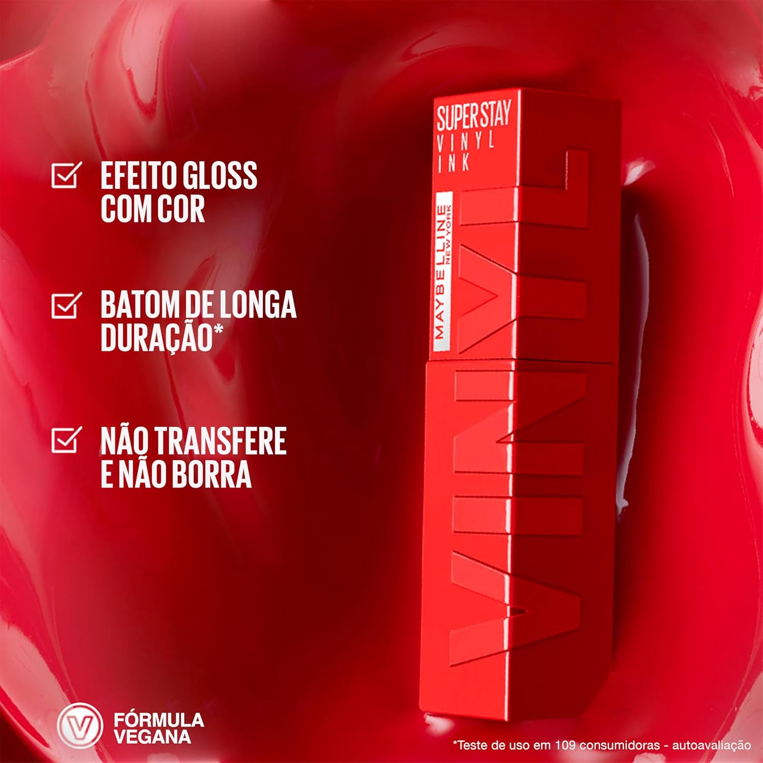 Maybelline NY SuperStay Vinyl Ink Batom Líquido, Longa Duração, Acabamento Vinil Espelhado e Efeito Gloss, Brilho Instantâneo, Conforto para os Lábios, Fórmula Vegana, Cor Witty 4,2ml - Imagem 3