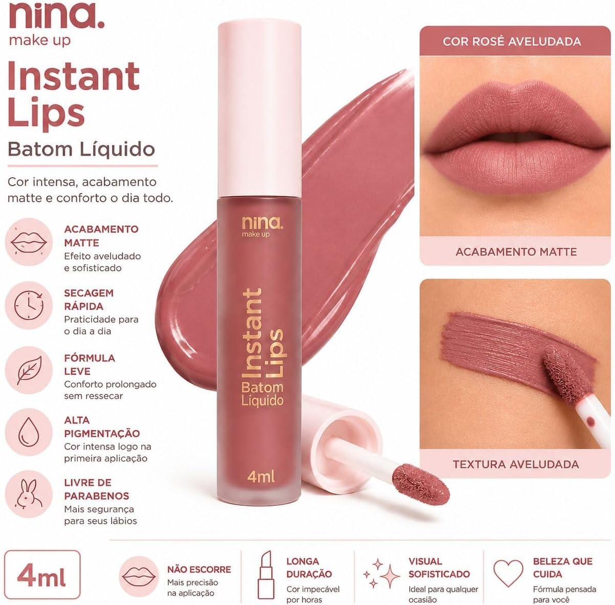 BATOM LÍQUIDO LIPS INSTANT NINA MAKE UP BRIDE - Imagem 2