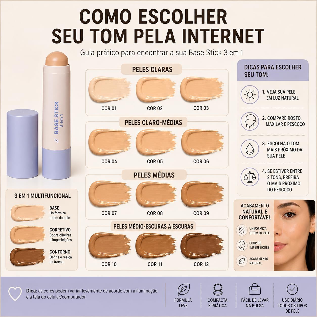 Base Stick 3 em 1, Base, Corretivo e Contorno, Acabamento Soft Matte, 7g, Resistente à Água, Longa Duração - Maquiagem (04, Padrão) - Imagem 5