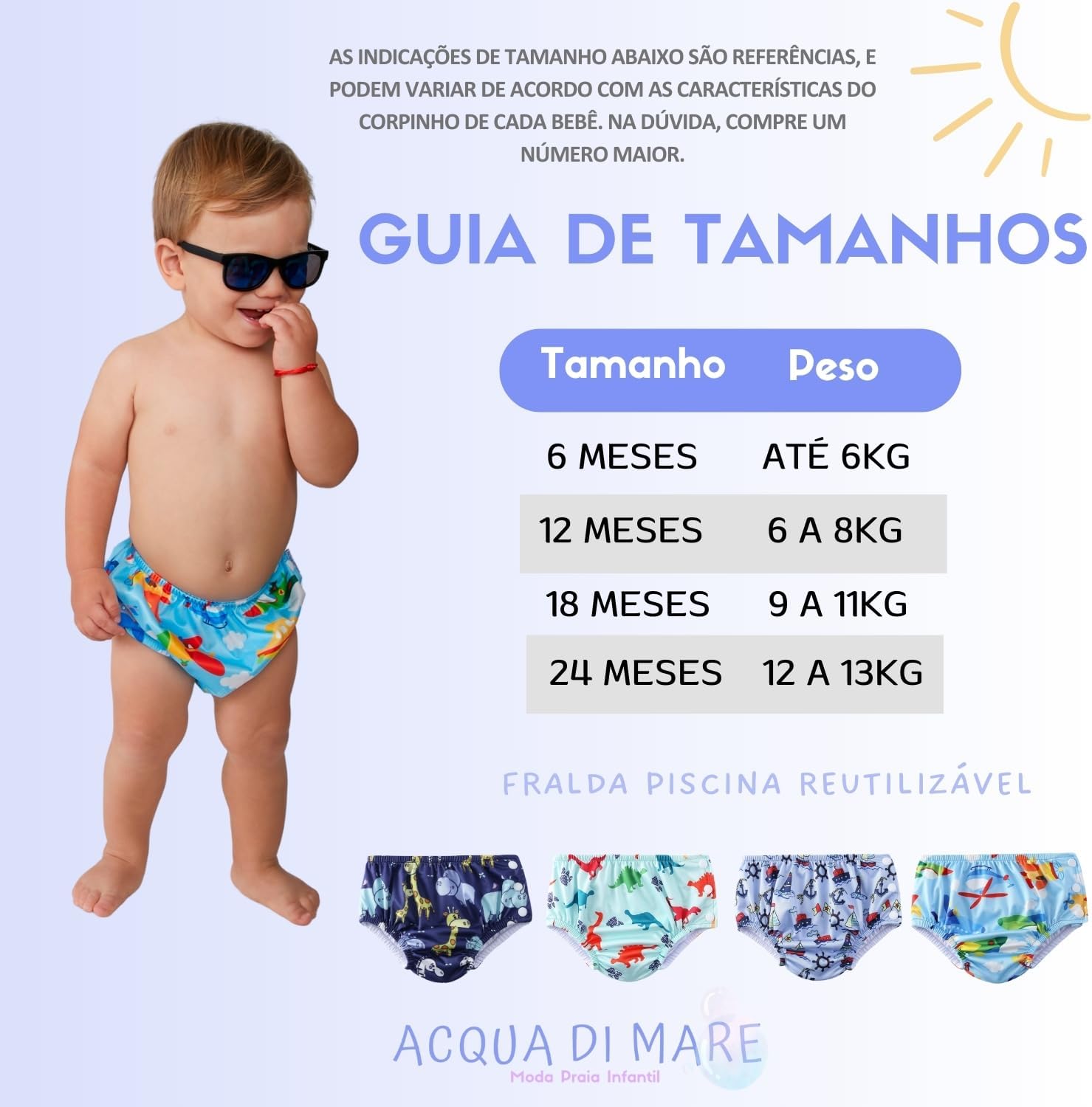 Acqua di Mare kit c/2 Sunga com Fralda Reutilizável de Piscina para Bebê Menino 6 a 24 meses - Imagem 2