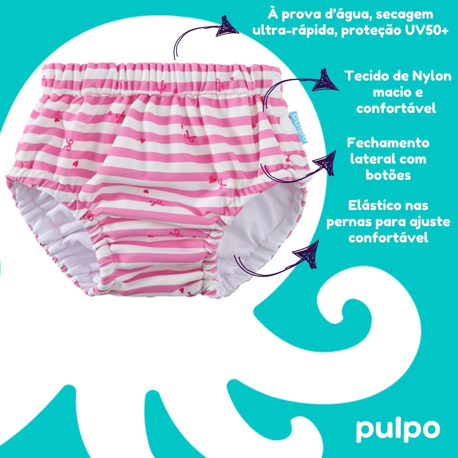 Pulpo Fralda de Piscina Reutilizável UV50+, 6 a 24 Meses, Estampada (Listrado Rosa, Até 6 meses) - Imagem 3