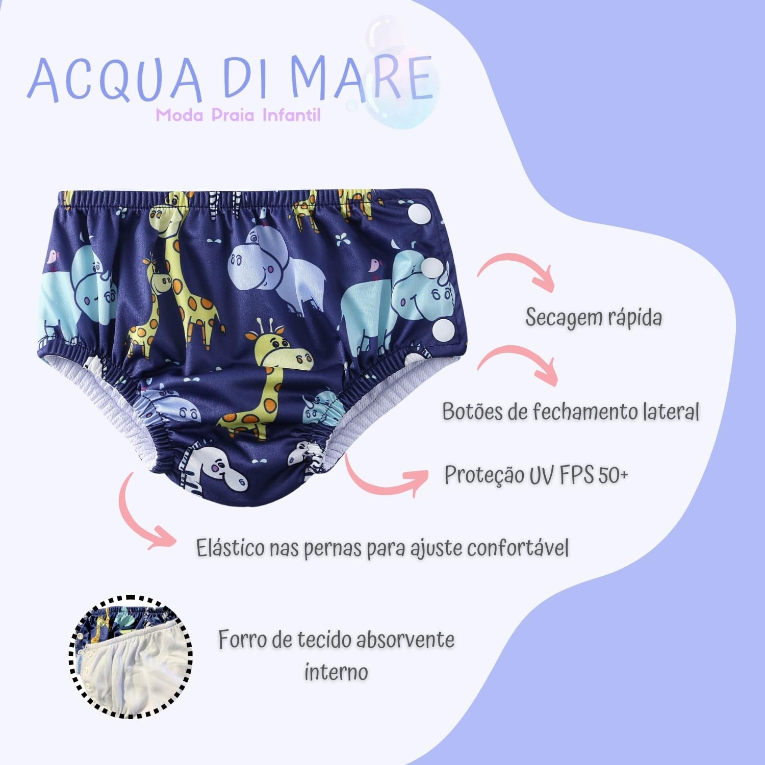 Acqua di Mare kit c/2 Sunga com Fralda Reutilizável de Piscina para Bebê Menino 6 a 24 meses - Imagem 3