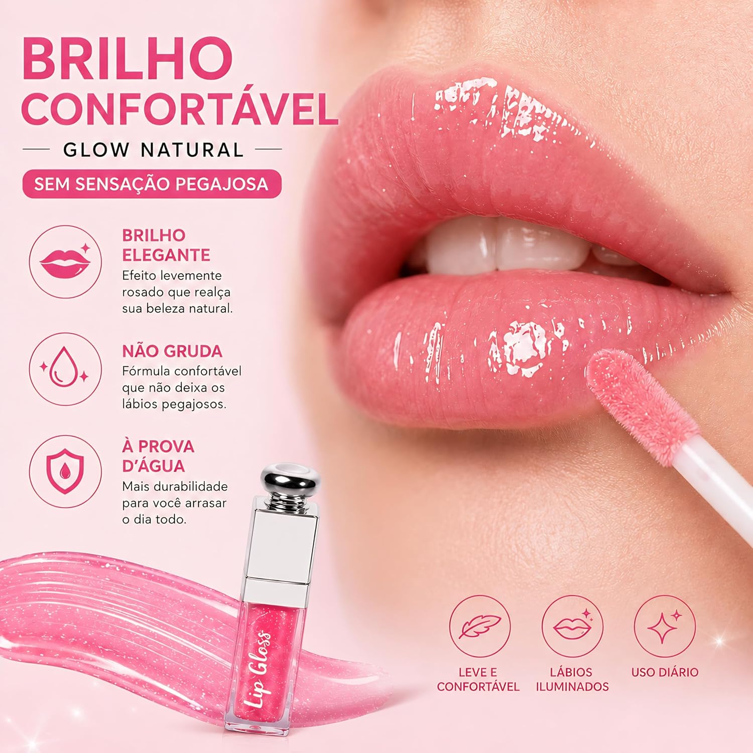 Kit Lip Gloss + Lip Balm + mini Lip Oil 3 em 1 Rosa | Brilho Labial com Glow Natural e Hidratação | Não Grudento | Aroma Frutado | À Prova D’Água - Imagem 5