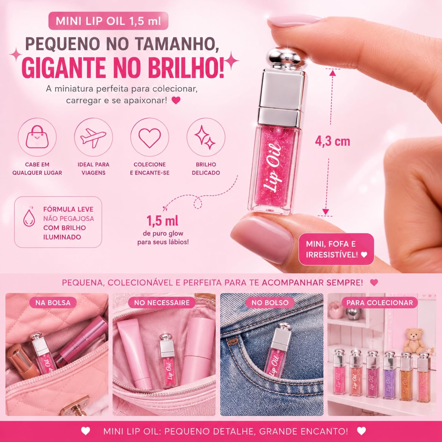 Kit Lip Gloss + Lip Balm + mini Lip Oil 3 em 1 Rosa | Brilho Labial com Glow Natural e Hidratação | Não Grudento | Aroma Frutado | À Prova D’Água - Imagem 7