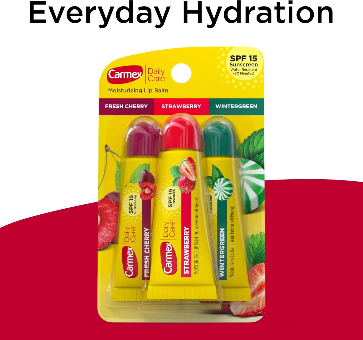 Carmex Pacote de bálsamo labial hidratante Daily Care, protetor labial com protetor solar em cereja fresca, morango e wintergreen - 9,9 g (pacote com 3) - Imagem 5