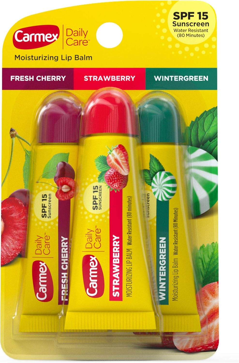Carmex Pacote de bálsamo labial hidratante Daily Care, protetor labial com protetor solar em cereja fresca, morango e wintergreen - 9,9 g (pacote com 3)