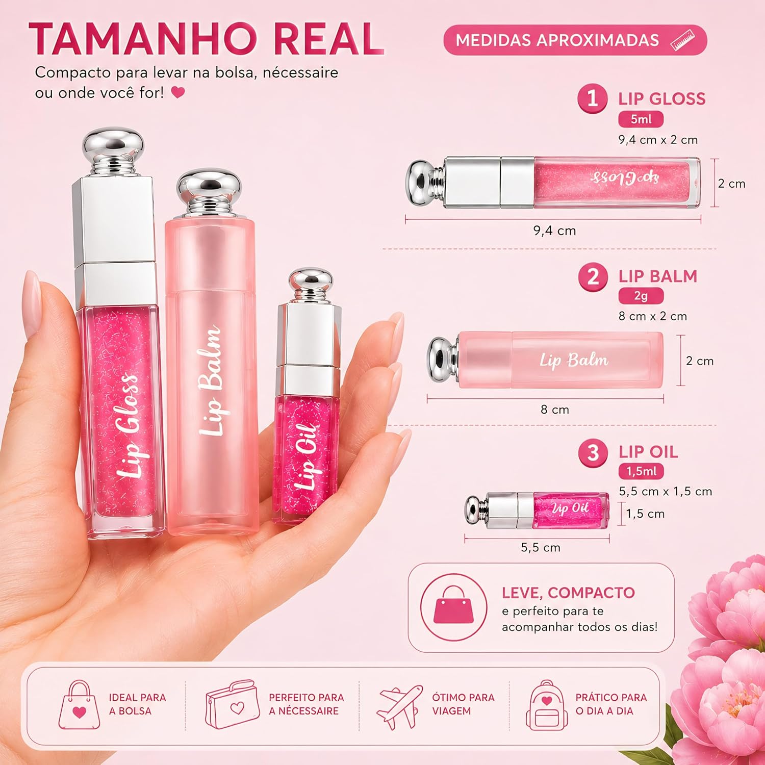 Kit Lip Gloss + Lip Balm + mini Lip Oil 3 em 1 Rosa | Brilho Labial com Glow Natural e Hidratação | Não Grudento | Aroma Frutado | À Prova D’Água - Imagem 4