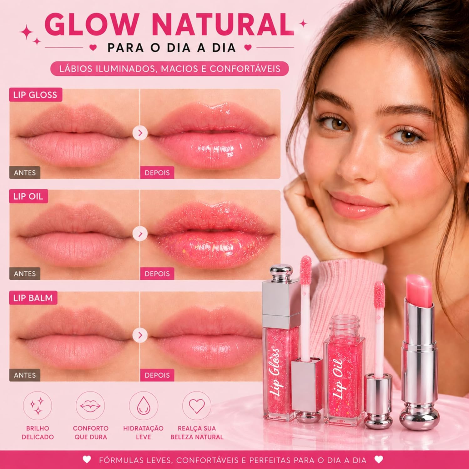 Kit Lip Gloss + Lip Balm + mini Lip Oil 3 em 1 Rosa | Brilho Labial com Glow Natural e Hidratação | Não Grudento | Aroma Frutado | À Prova D’Água - Imagem 6