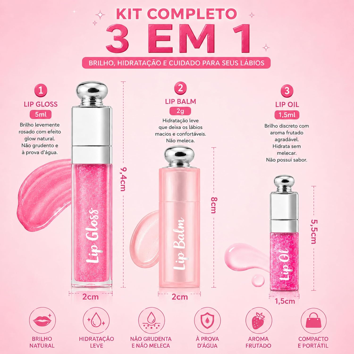 Kit Lip Gloss + Lip Balm + mini Lip Oil 3 em 1 Rosa | Brilho Labial com Glow Natural e Hidratação | Não Grudento | Aroma Frutado | À Prova D’Água - Imagem 3
