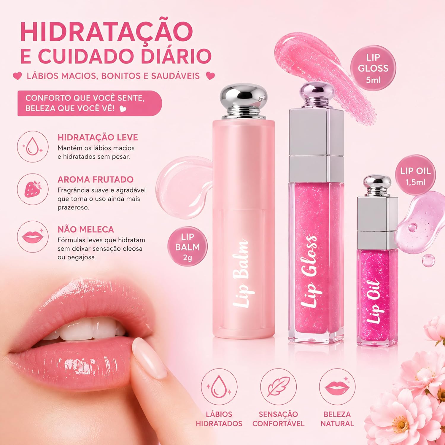 Kit Lip Gloss + Lip Balm + mini Lip Oil 3 em 1 Rosa | Brilho Labial com Glow Natural e Hidratação | Não Grudento | Aroma Frutado | À Prova D’Água - Imagem 2