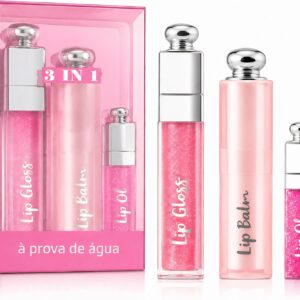 Kit Lip Gloss + Lip Balm + mini Lip Oil 3 em 1 Rosa | Brilho Labial com Glow Natural e Hidratação | Não Grudento | Aroma Frutado | À Prova D’Água