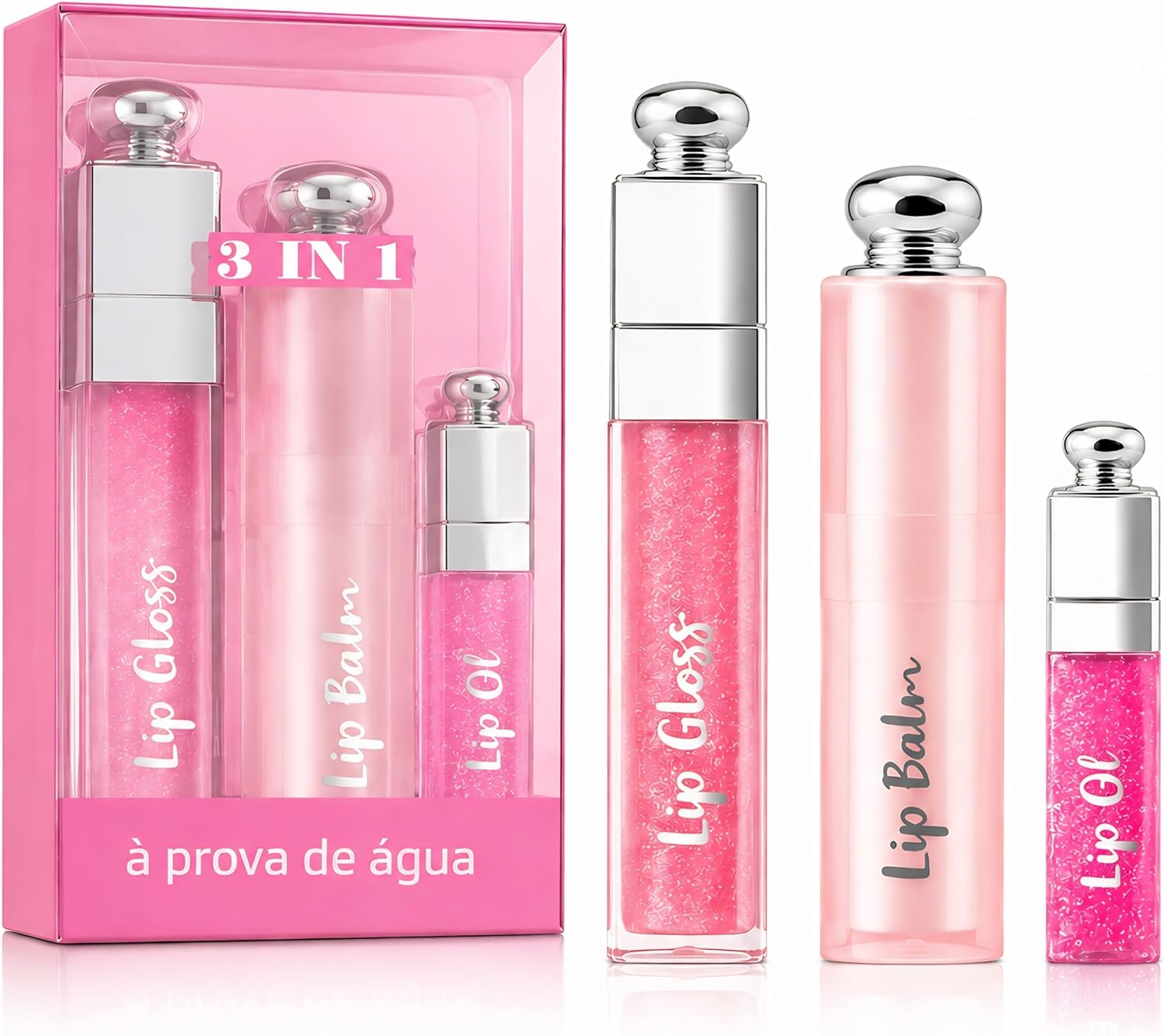 Kit Lip Gloss + Lip Balm + mini Lip Oil 3 em 1 Rosa | Brilho Labial com Glow Natural e Hidratação | Não Grudento | Aroma Frutado | À Prova D’Água