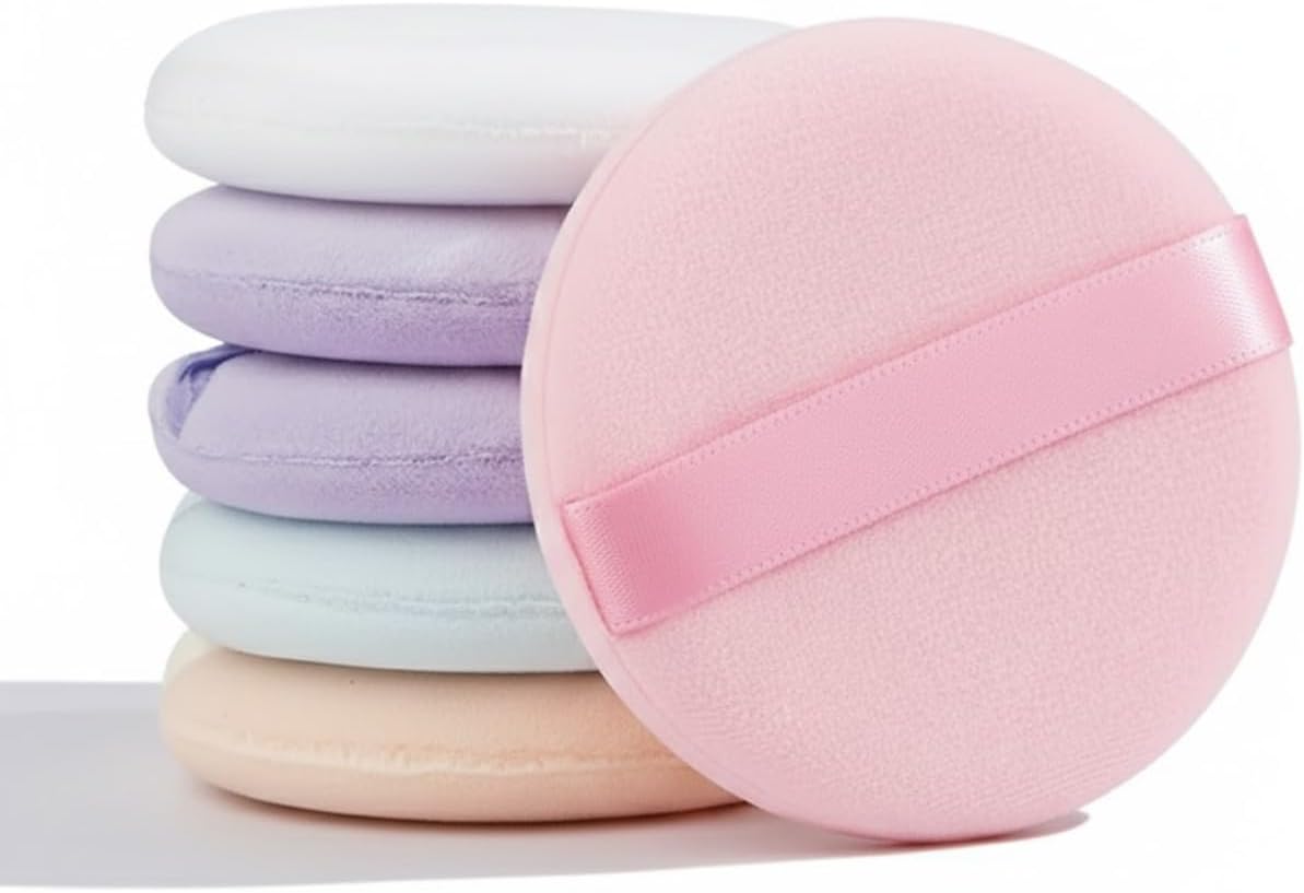 Kit Profissional de Puffs Aveludados para Maquiagem, 5 Unidades em Cores Pastéis, Aplicador de Base e Pó com Alça de Cetim, Design Circular