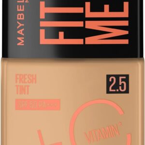 Maybelline NY Fit Me Fresh Tint Base Líquida, Proporciona Efeito Glow Natural, Controla a Oleosidade e Uniformiza a Pele com Vitamina C e FPS 50, Cor 2.5, 30ml