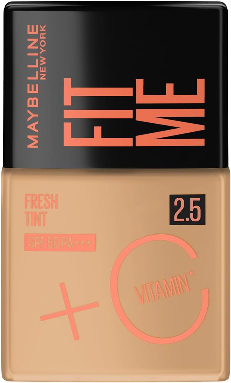 Maybelline NY Fit Me Fresh Tint Base Líquida, Proporciona Efeito Glow Natural, Controla a Oleosidade e Uniformiza a Pele com Vitamina C e FPS 50, Cor 2.5, 30ml