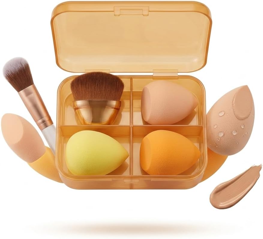 Kit Maquiagem 4 Peças: 3 Esponjas de Maquiagem + 1 Pincel Kabuki Mini