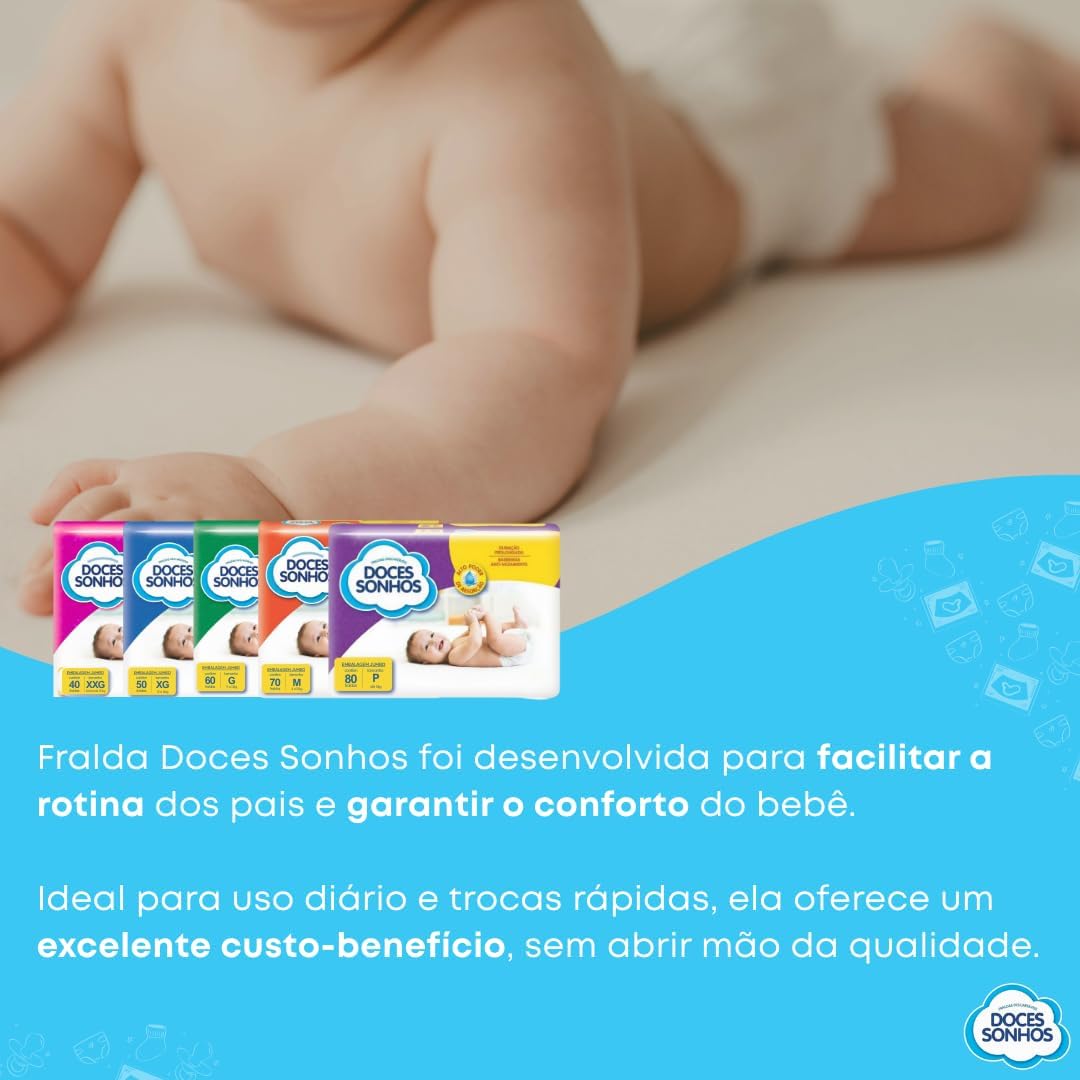 Fralda Descartável Infantil Doces Sonhos Supersec Fita Diurna Pacote Mega (G – 9 a 13 kg) - Imagem 2