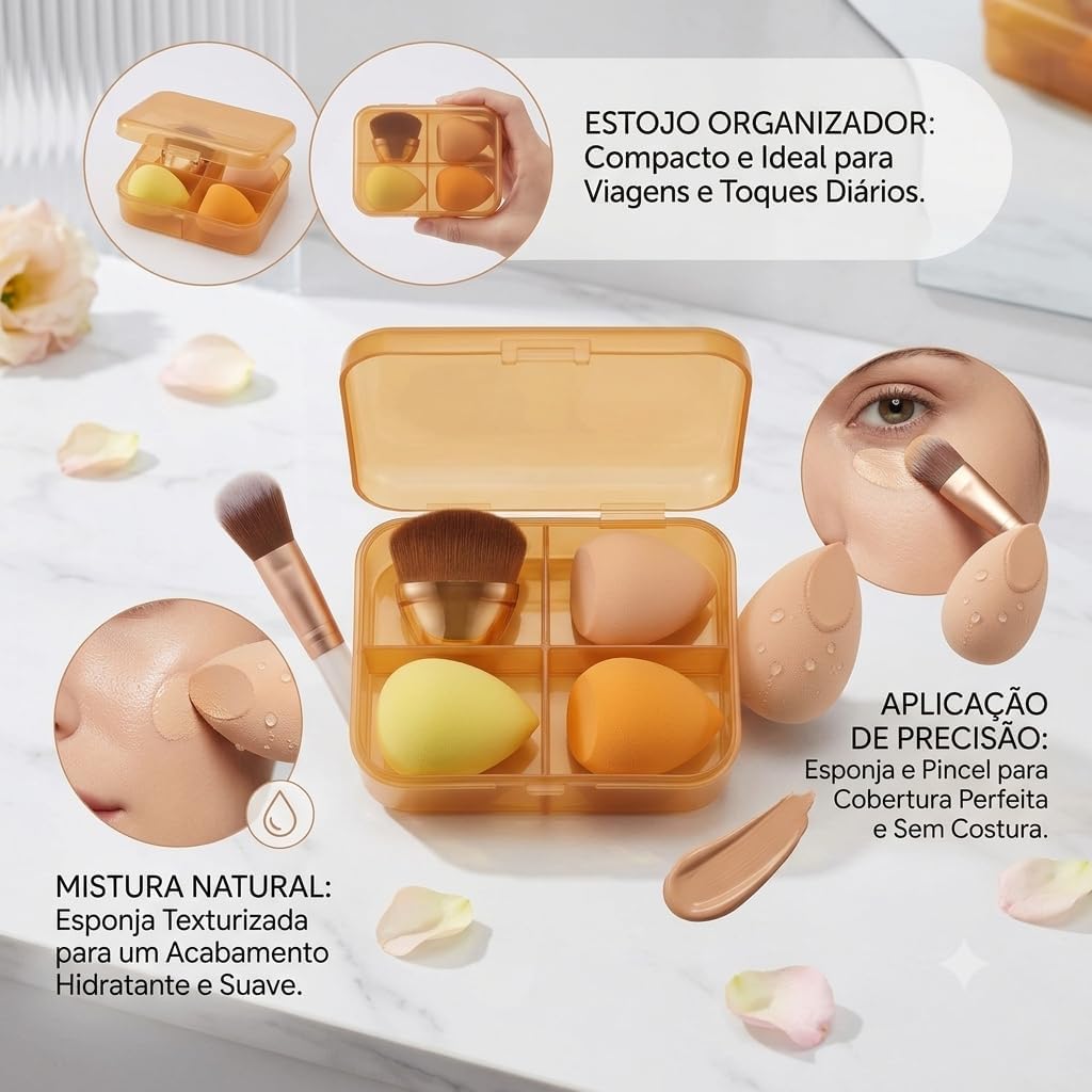 Kit Maquiagem 4 Peças: 3 Esponjas de Maquiagem + 1 Pincel Kabuki Mini - Imagem 2