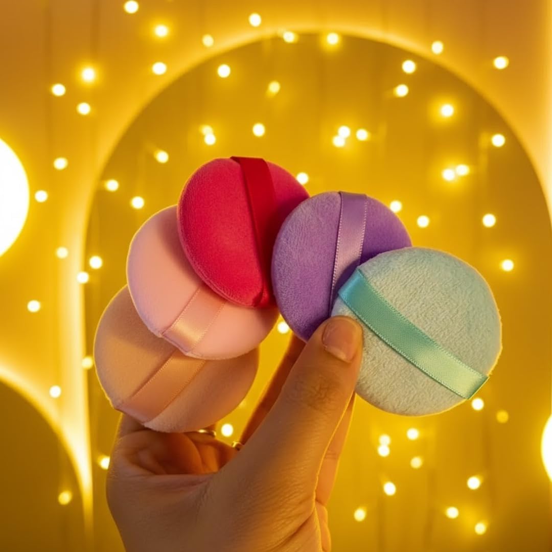 Kit Profissional de Puffs Aveludados para Maquiagem, 5 Unidades em Cores Pastéis, Aplicador de Base e Pó com Alça de Cetim, Design Circular - Imagem 2