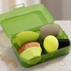 Kit Esponjas e Pincel Hexagonal para Maquiagem com ESTOJO – 1 Esponja Cogumelo/Pirulito, 1 Pincel Hexagonal, 2 Esponjas Gota – Profissional Para Base, Corretivo, Pó, Blush – Cores Sortidas (Verde)