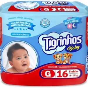 Tigrinhos Baby Fralda Descartável Infantil Proteção Dia e Noite, Tamanho G, Pacote Regular com 16 Unidades (Grande) (Grande)