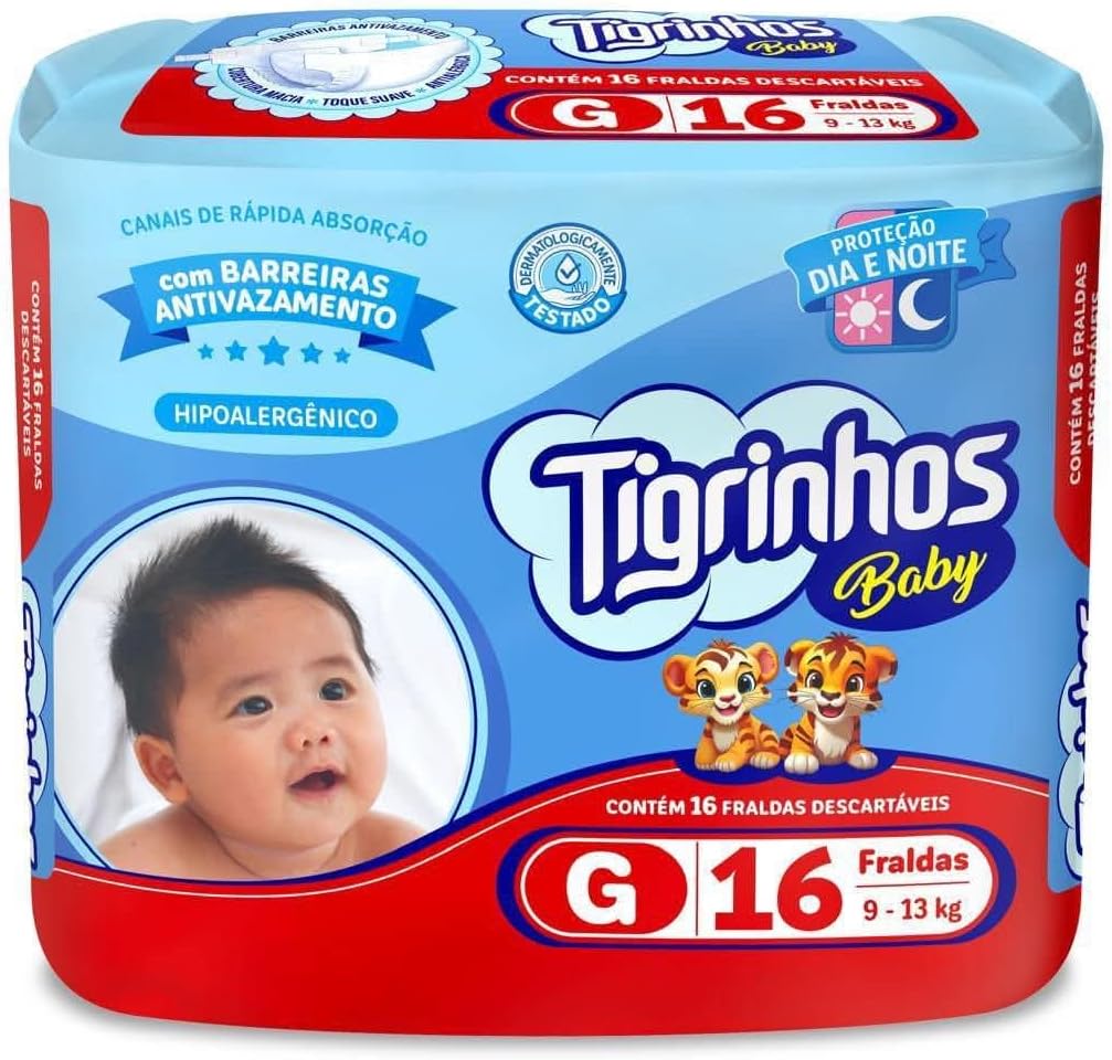 Tigrinhos Baby Fralda Descartável Infantil Proteção Dia e Noite, Tamanho G, Pacote Regular com 16 Unidades (Grande) (Grande)