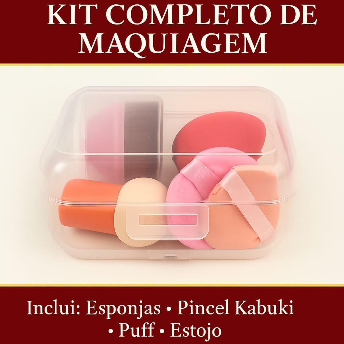 Kit Completo Maquiagem Premium com Esponjas Gota Cogumelo Puffs Aveludados Pincel Kabuki Profissional Estojo Organizador - Imagem 4