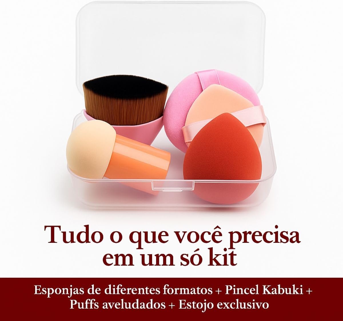 Kit Completo Maquiagem Premium com Esponjas Gota Cogumelo Puffs Aveludados Pincel Kabuki Profissional Estojo Organizador - Imagem 5