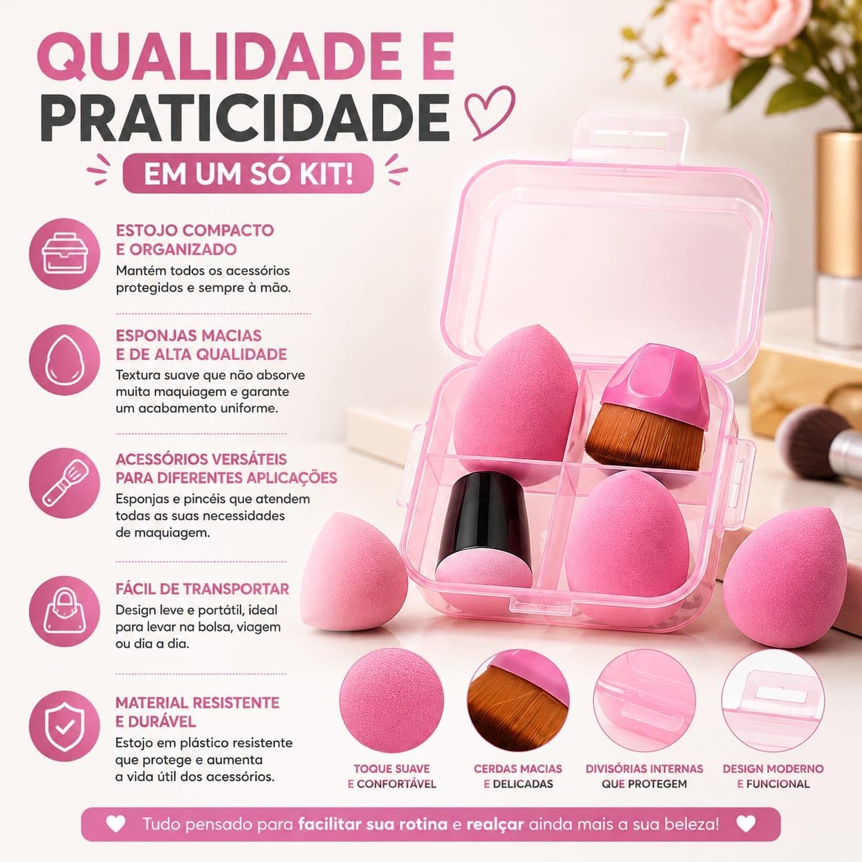 Kit de Esponjas e Pincel de Maquiagem com Estojo 4 Peças - Imagem 3