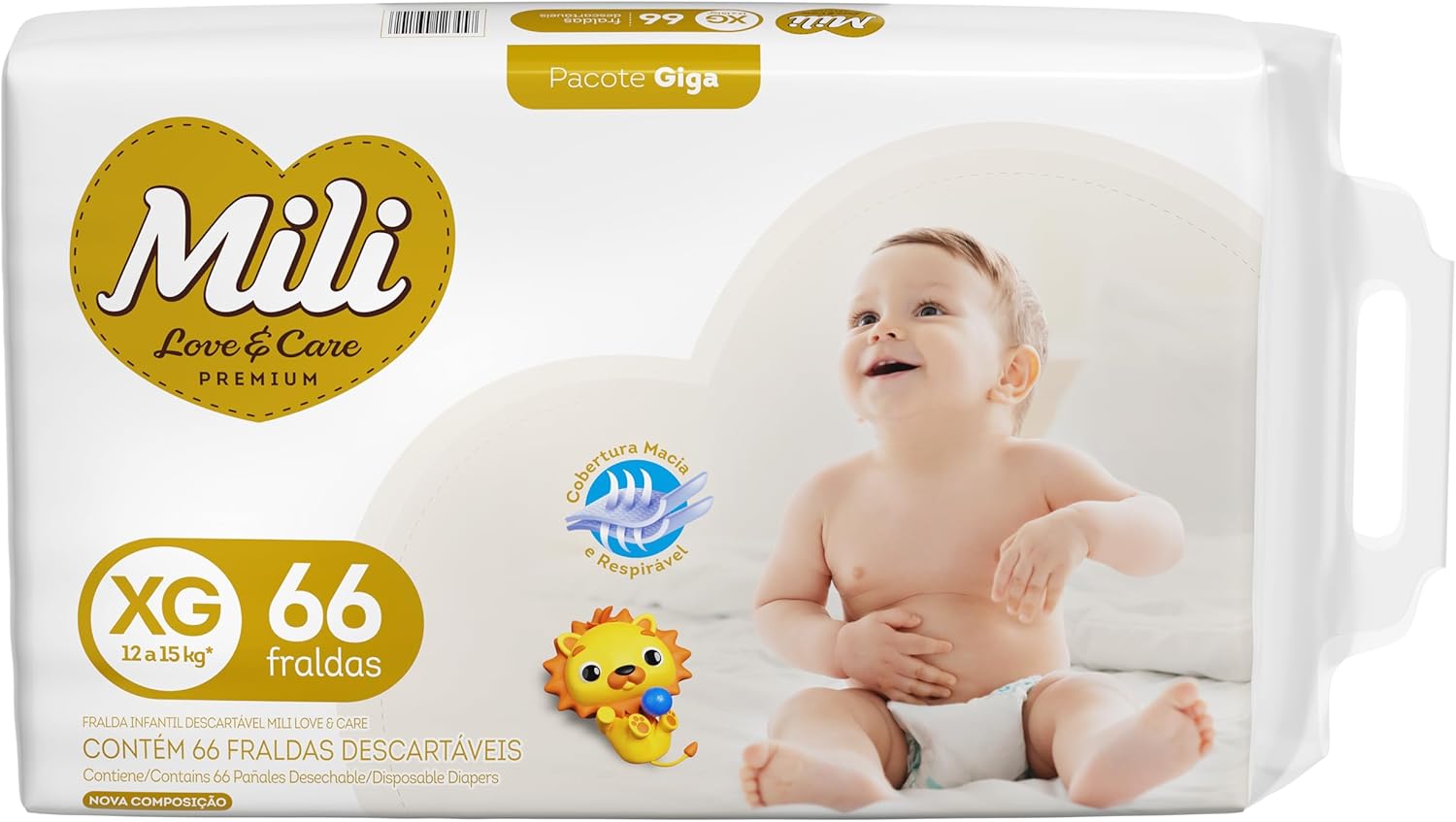 Mili Fralda Infantil Love & Care Tamanho XG, Alta Absorção, Ajuste Confortável, 66 Unidades