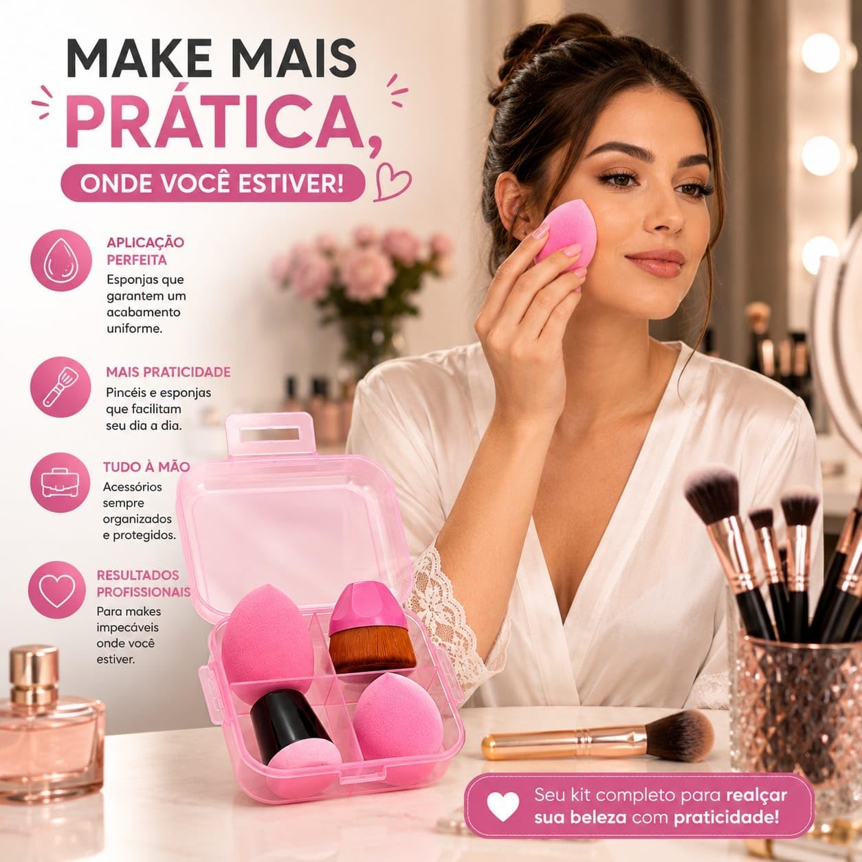 Kit de Esponjas e Pincel de Maquiagem com Estojo 4 Peças - Imagem 5